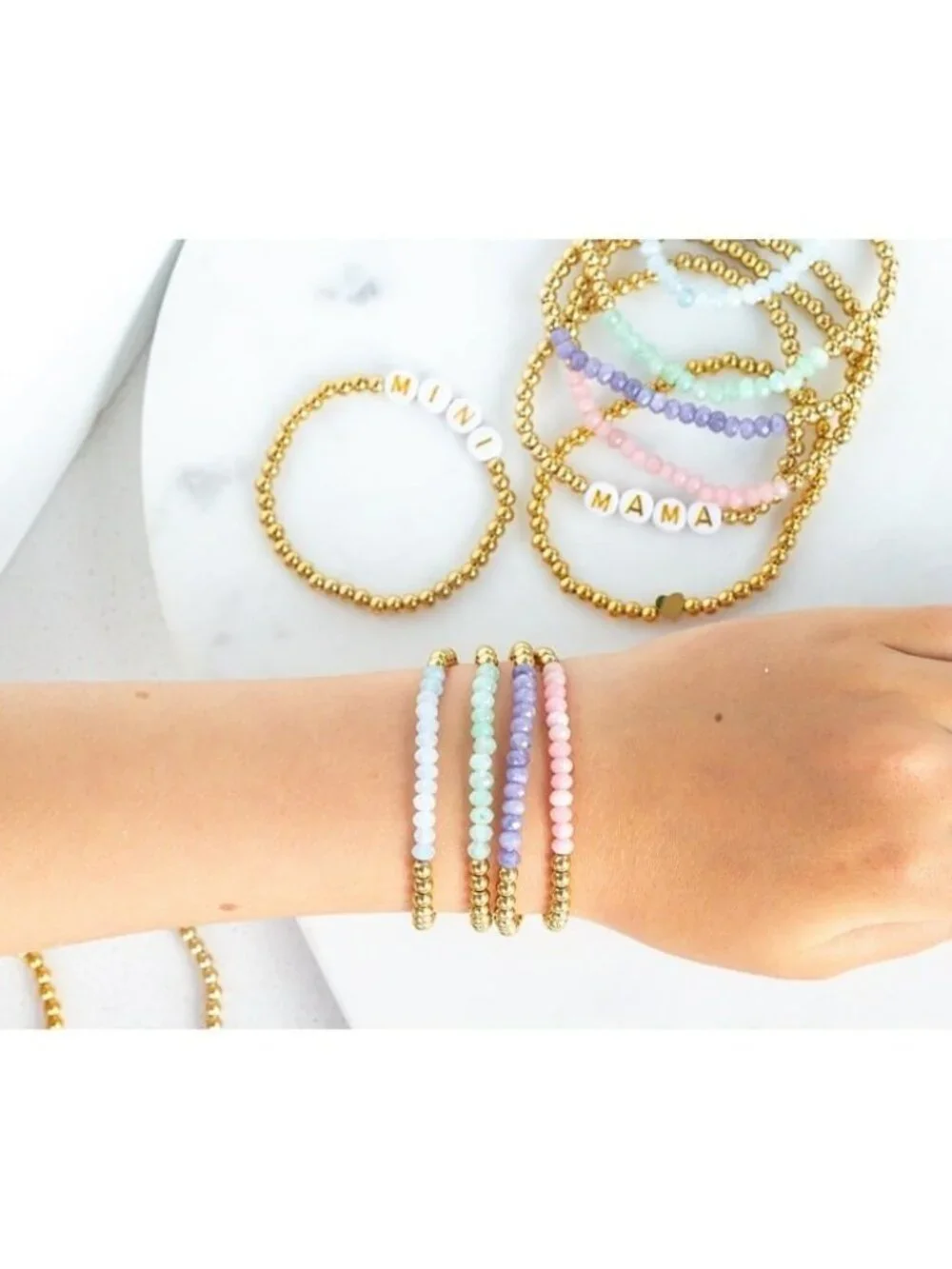 Pink Opal Bracelet Set Waterproof Gold Bracelets Mama & Mini Sizes